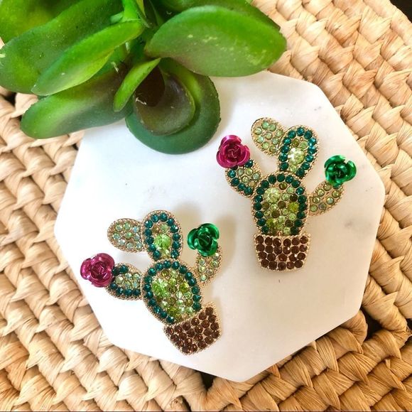 NEW! Bling Cactus with Rose Statement Earrings - Picture 5 of 11